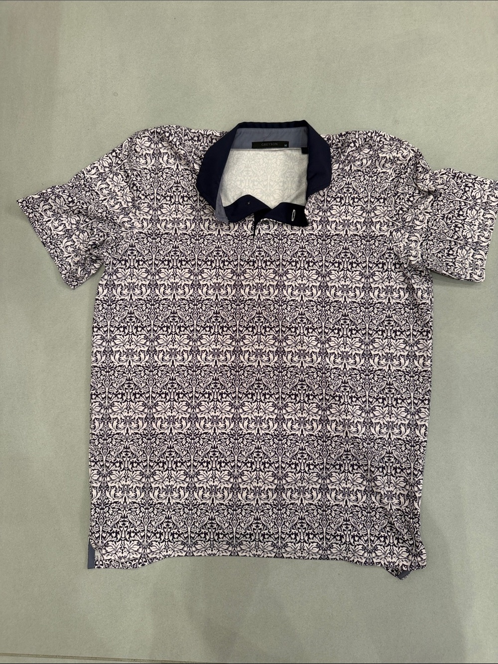 Greyson Men's purple White Patterned Polo Shirt with navy collar